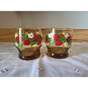Vintage Hand Painted Set Of Amber Lowball Cocktail Glassware